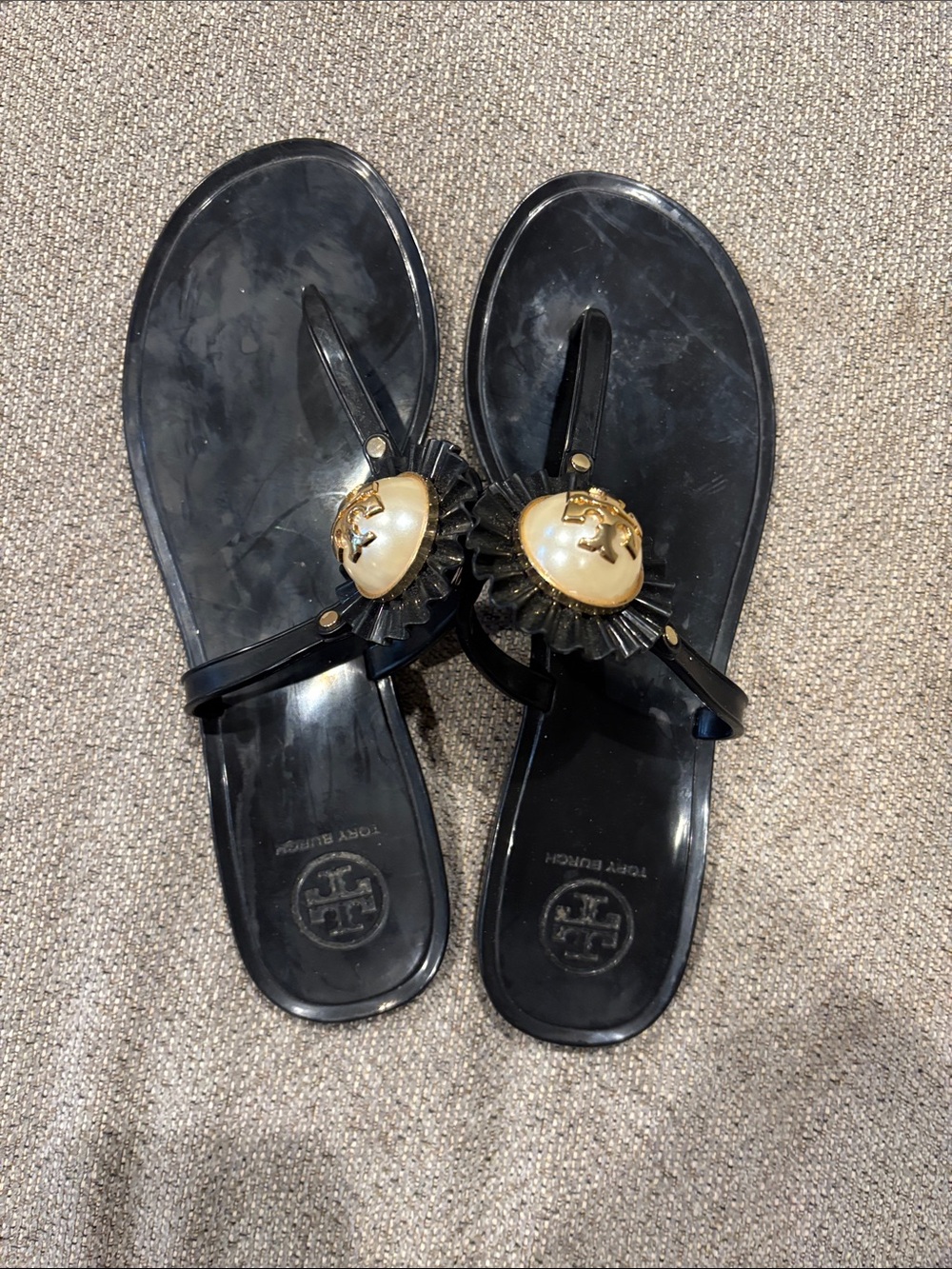 Tory Burch Black Jelly Thong Sandals with Gold Pearl Emblem
